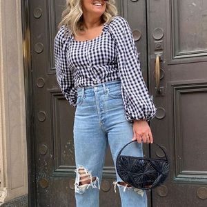 Who What Wear Black White Gingham Puff Sleeve Smocked Cropped Top Size Small